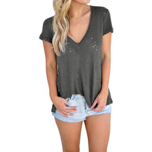 Gray Hole T-Shirt 2017 Summer Women's Cotton Blended Short-Sleeve V-Neck Shirt Tops t shirt femme dentelle