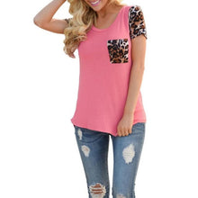2017 Fashion Women Casual T Shirts Tops Spring short sleeve Leopard Splice Printing Pocket Round Neck Pullover Tops T Shirt