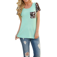 2017 Fashion Women Casual T Shirts Tops Spring short sleeve Leopard Splice Printing Pocket Round Neck Pullover Tops T Shirt