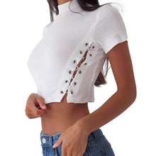 2017 Summer Lace Up Short T-shirt Crop Top sexy solid poleras de mujer moda t shirt femme vetement femme