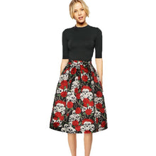 European Style Skirt Women Elastic Waistband Skull Rose Print Pleated Casual Midi Skirt Autumn Winter Skirts faldas mujer